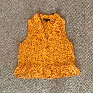 Forever 21 Contemporary Buttondown V Neck Label Collar Yellow Floral Crop Top